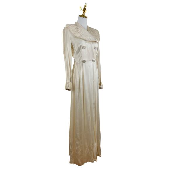 Vintage 30s 40s KAMORA Ivory Liquid Satin Maxi Dressing Gown Robe Women's Size S - Picture 4 of 15